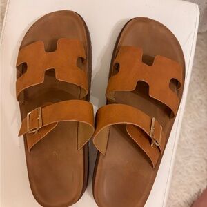 Tan Leather Slide Sandals